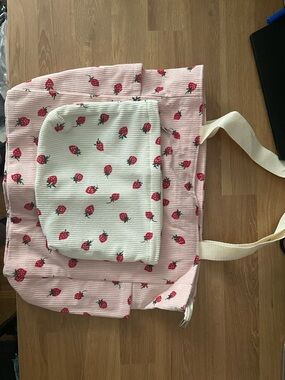 SHEIN Pink + Cream Strawberry Print Tote Bag with matching makeup bag